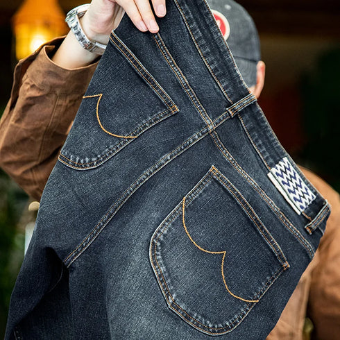 Vintage 11.5oz Washed Denim Jeans – Men’s Straight Fit Ethnic Design Pants with YKK Zipper